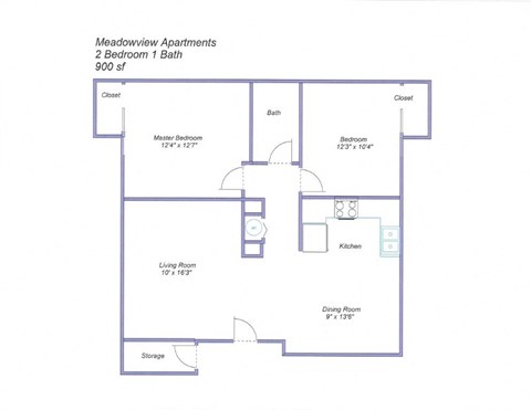 Floor plan for 2 beds, 1 bath, 900 sqft